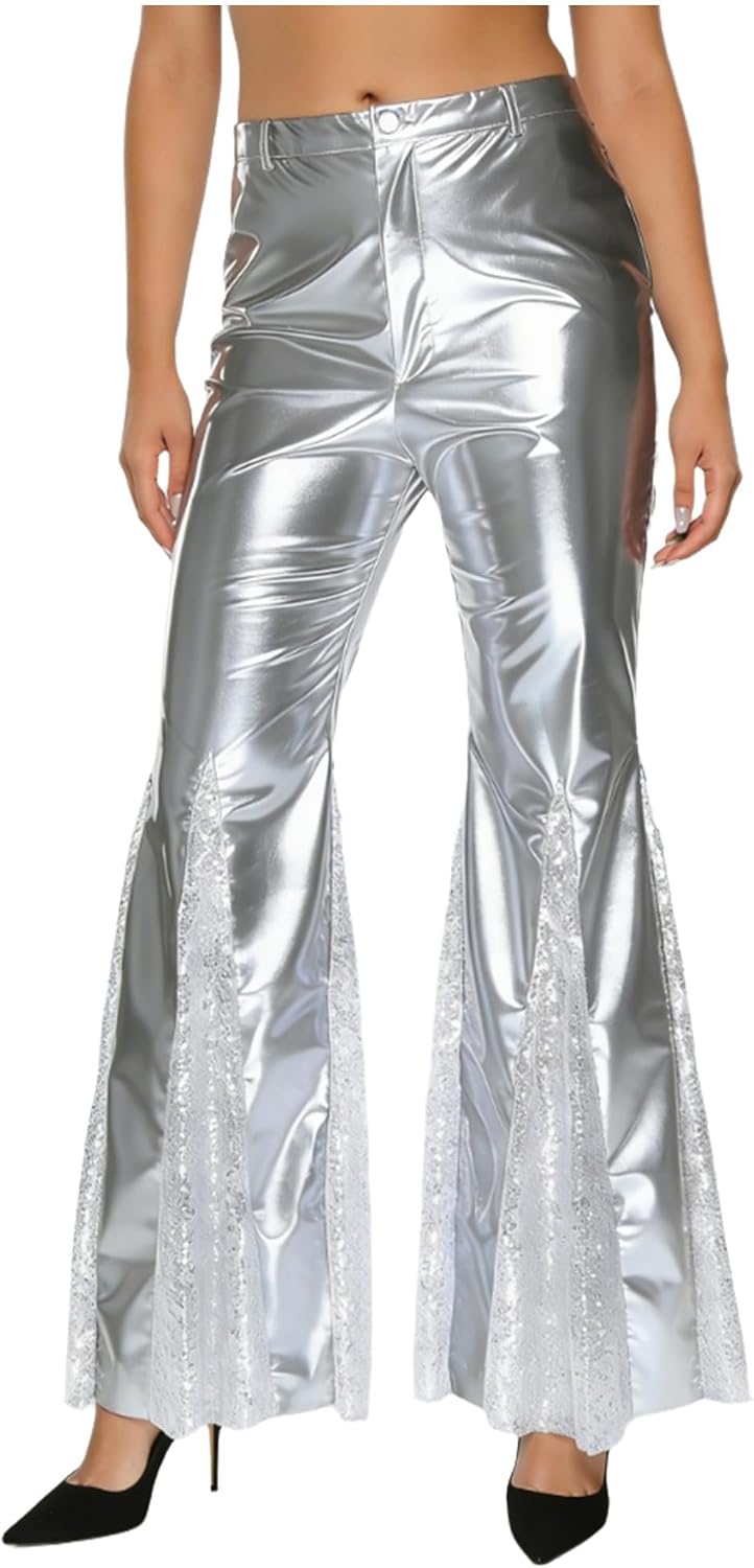 Lejafay Women's 70s Rave Outfits Metallic Flared Pants Sparkly Sequins Bell Bottoms Hippie Costume