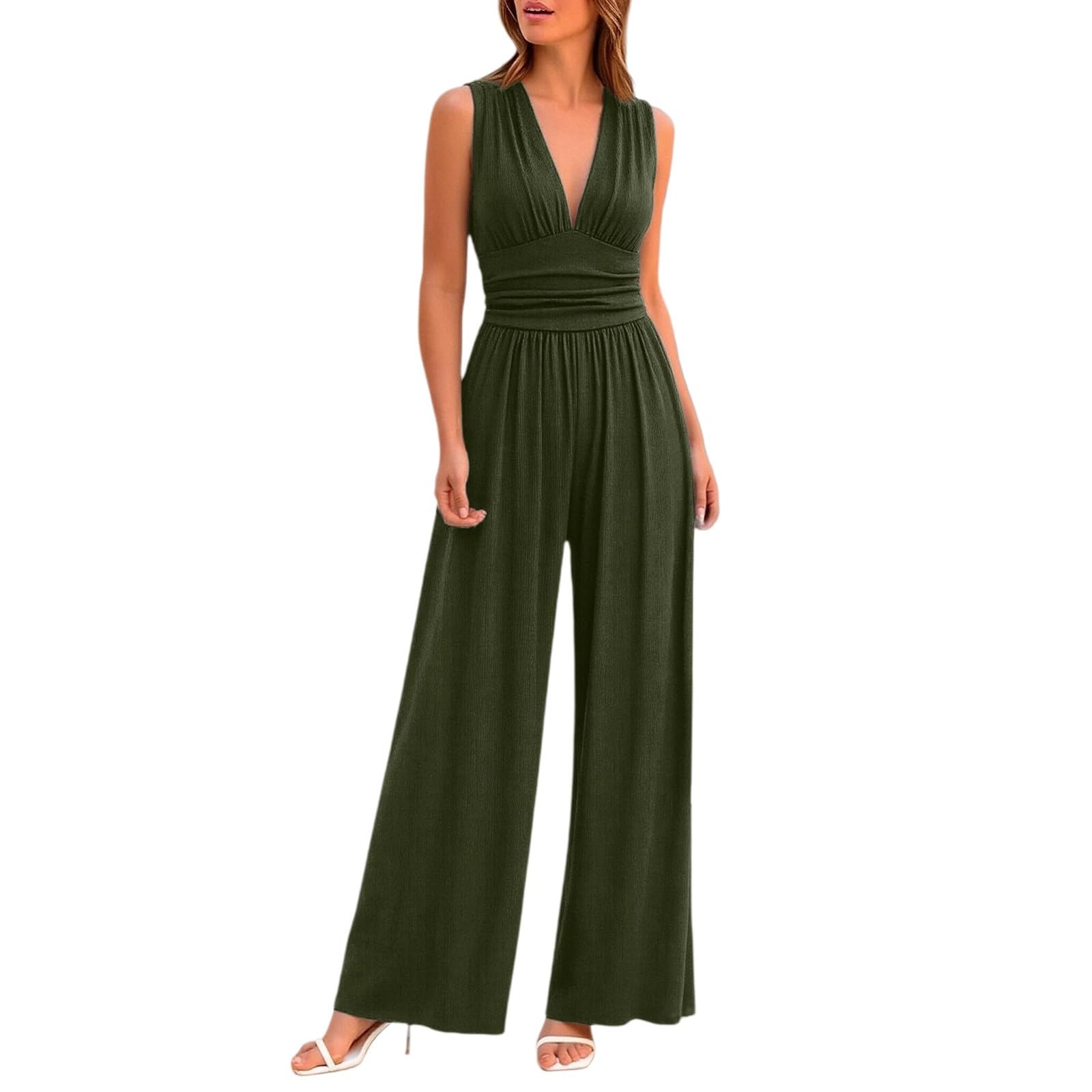 Traje de pantalón para mujer, elegante, festivo, con cuello en V, sin mangas, mono