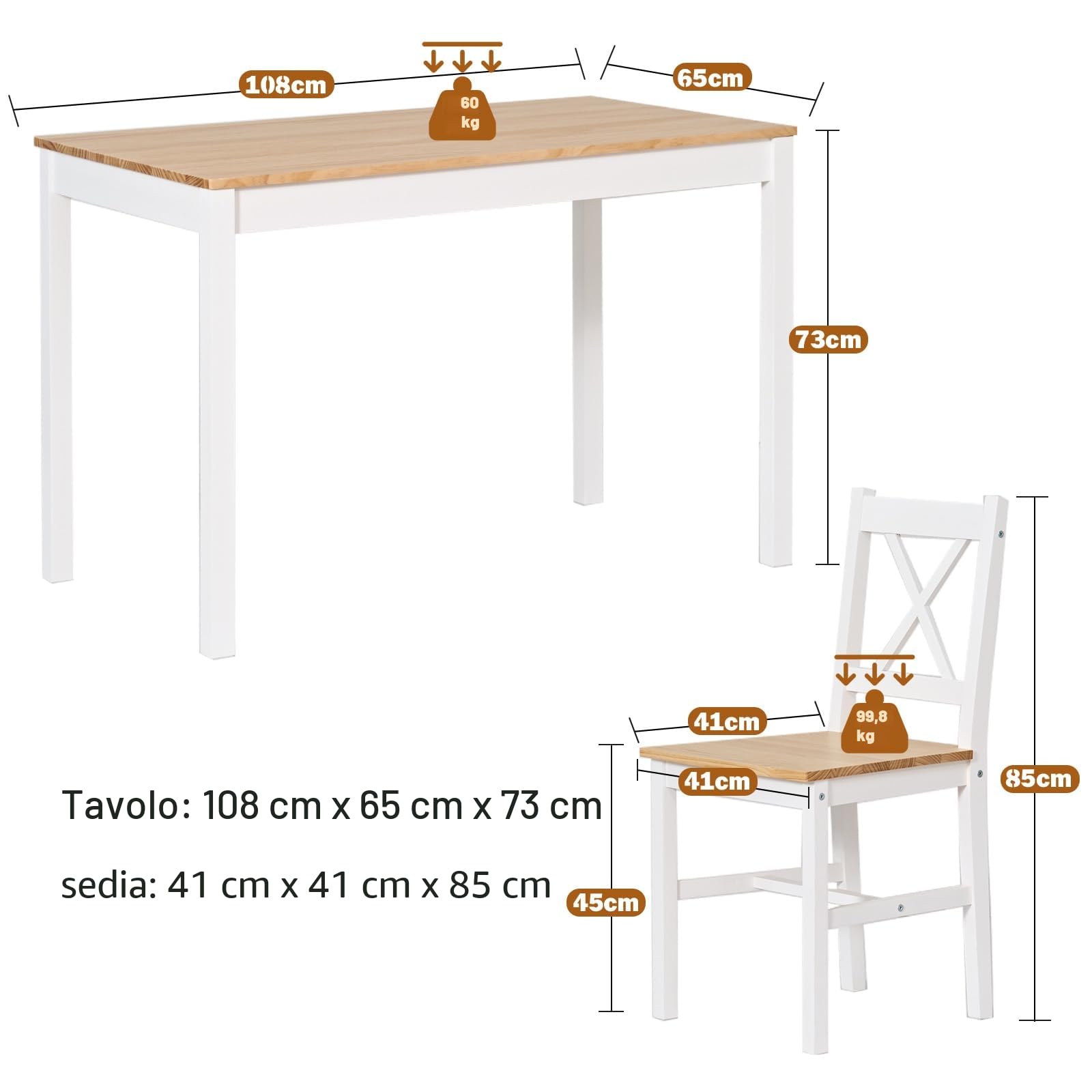 sogesfurniture Set da pranzo da 5 pezzi con tavolo da pranzo 108 x 65 x 73 cm e 4 sedie, tavolo rettangolare da cucina per soggiorno, sala da pranzo, bianco e teak, 10QDLC