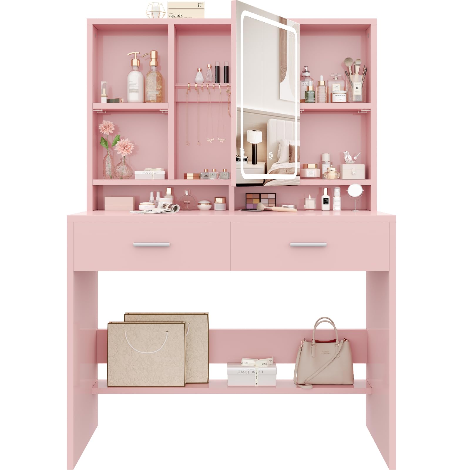 Devoko Dressing Table with LED Lights Adjustable Brightness, Makeup Table with Mirror, Adjustable Open Shelf, 2 Drawers, Jewelry Storage Space, Modern, Pink