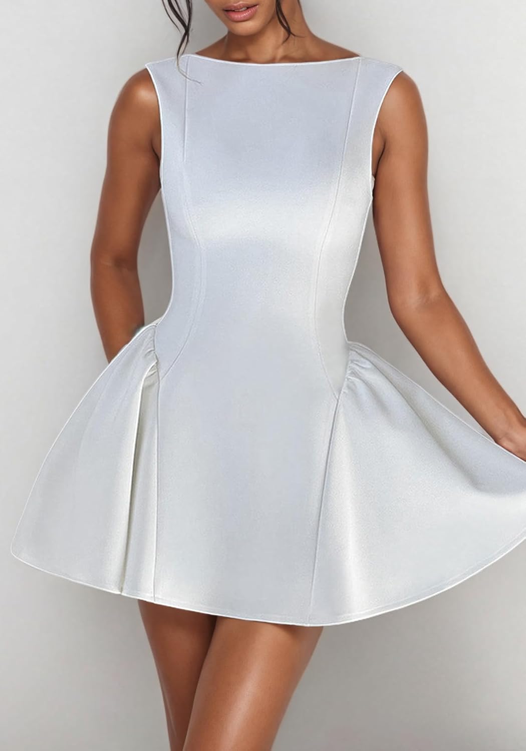 Women's Summer Sleeveless Backless A Line Mini Dress Boat Neck Swing Club Party Prom Short Dresses - Image 2