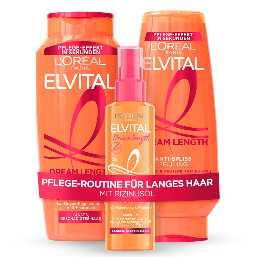 L'Oréal Paris Elvital Haarpflege-Routine für langes und geschädigtes Haar Dream Length Set mit Shampoo 300ml, Spülung 250ml und Hitzeschutzspray 150ml, Formel mit Rizinusöl