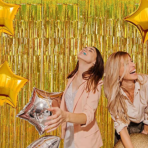 Image of TONIFUL 3Pcs Laser Gold Door Streamers, Metallic Foil Fringe Curtains for Birthday, Christmas, New Year, Bachelorette, Graduation Parties (9.9ft x 6.6ft)