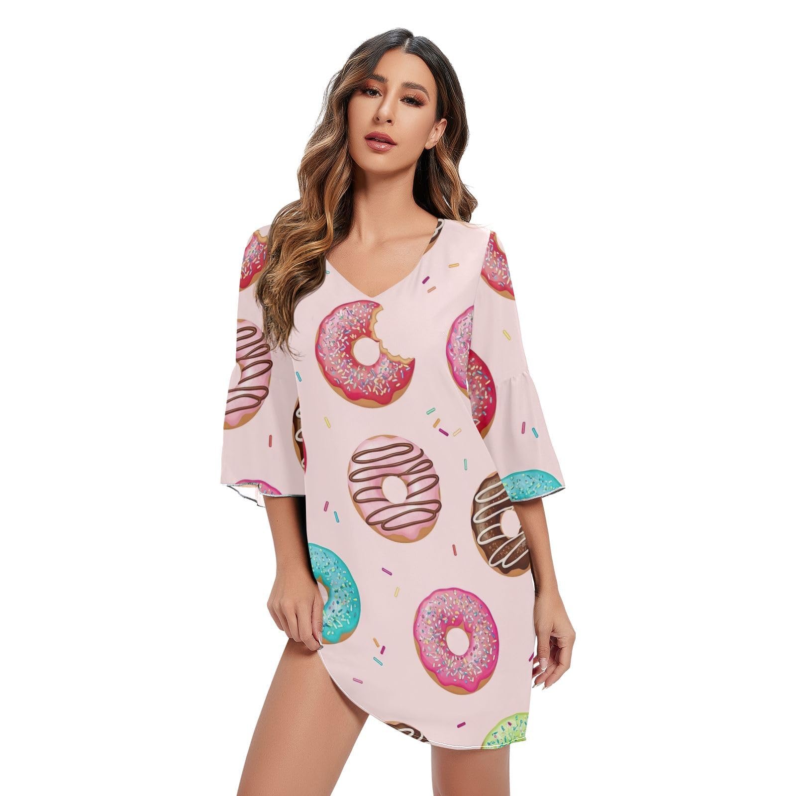 Robe d'été rose au motif donuts colorés robe décontractée fluide légère - 7