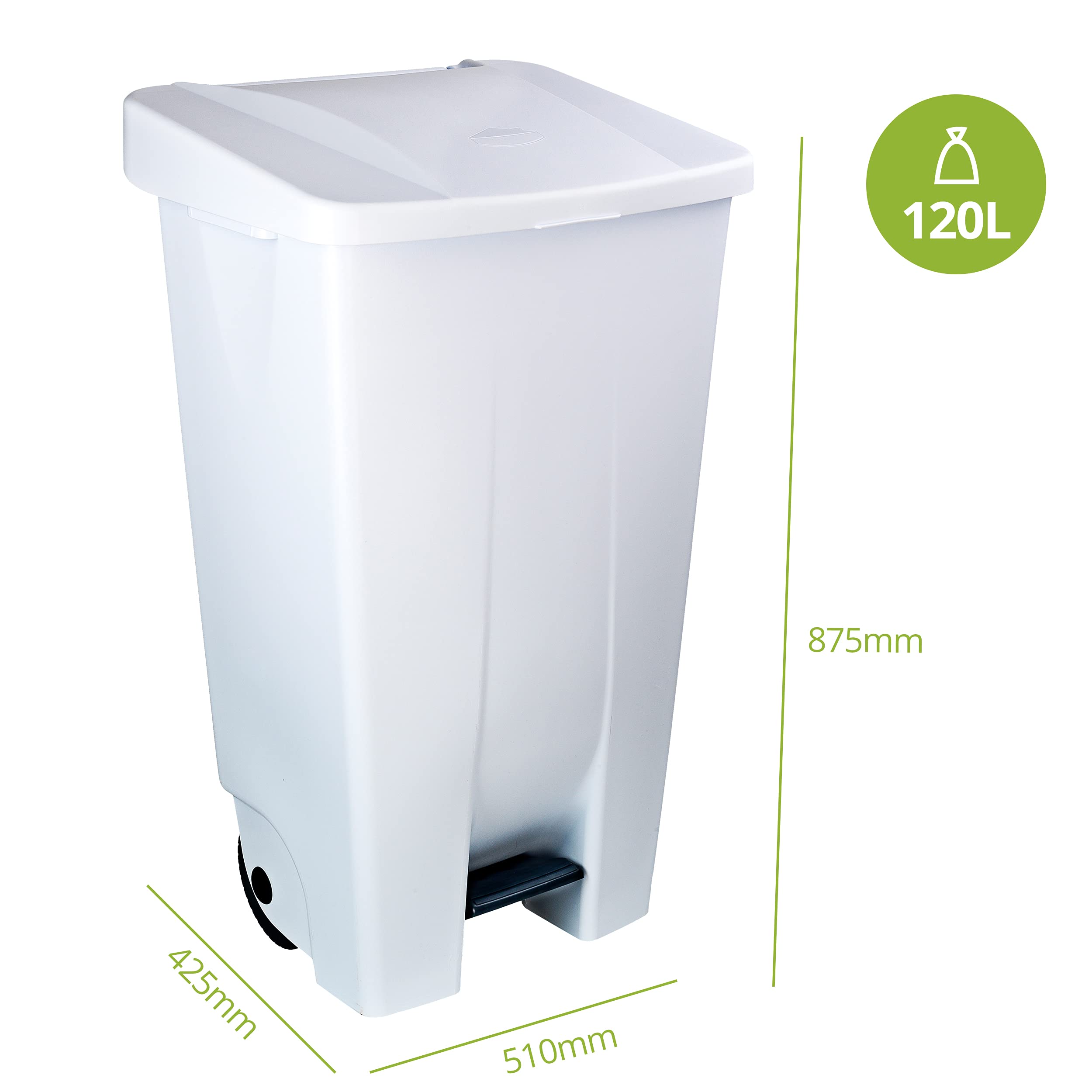 Conteneur sélectif à pédale 120 L Blanc – Poubelle sélective apte au contact alimentaire avec roues et poignée ergonomique, plastique résistant et facile à nettoyer | Denox