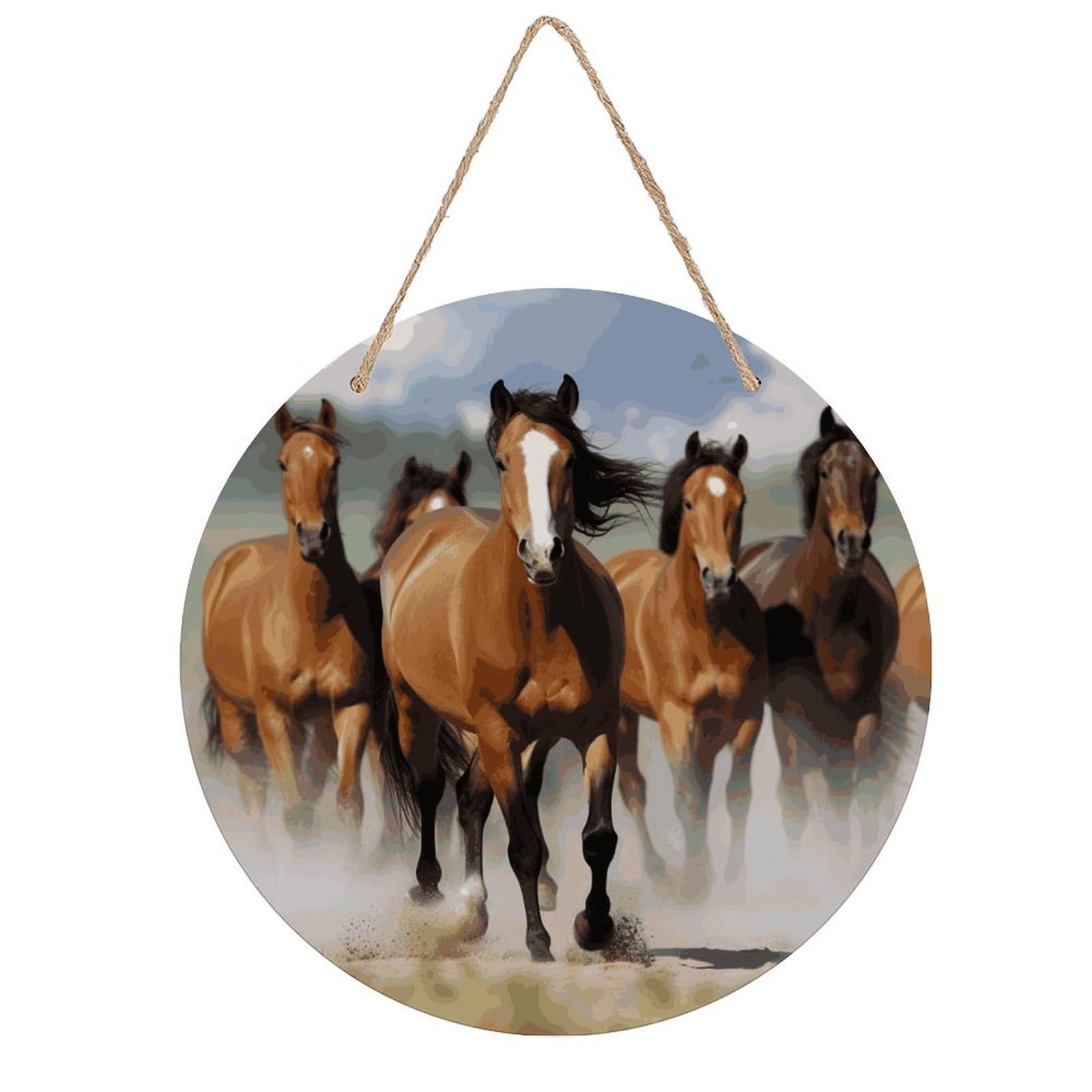 VstaDank Horses Wooden Wall Art Decor Round Wood Plaque Wooden Door Hanger Sign with Hole And Hanger Rope Trend Wood Decorative Paintings for Home Outdoor Indoor 7.87 Inch