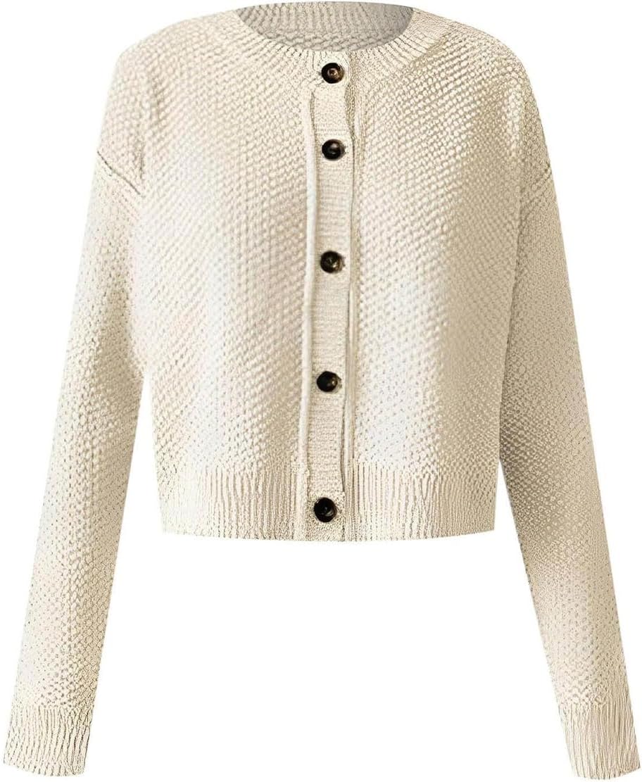 Women's Oversized Button Down Cropped Cardigan Sweater Casual Solid Long Sleeve Open Front Cardigan Chunky Knit Sweaters