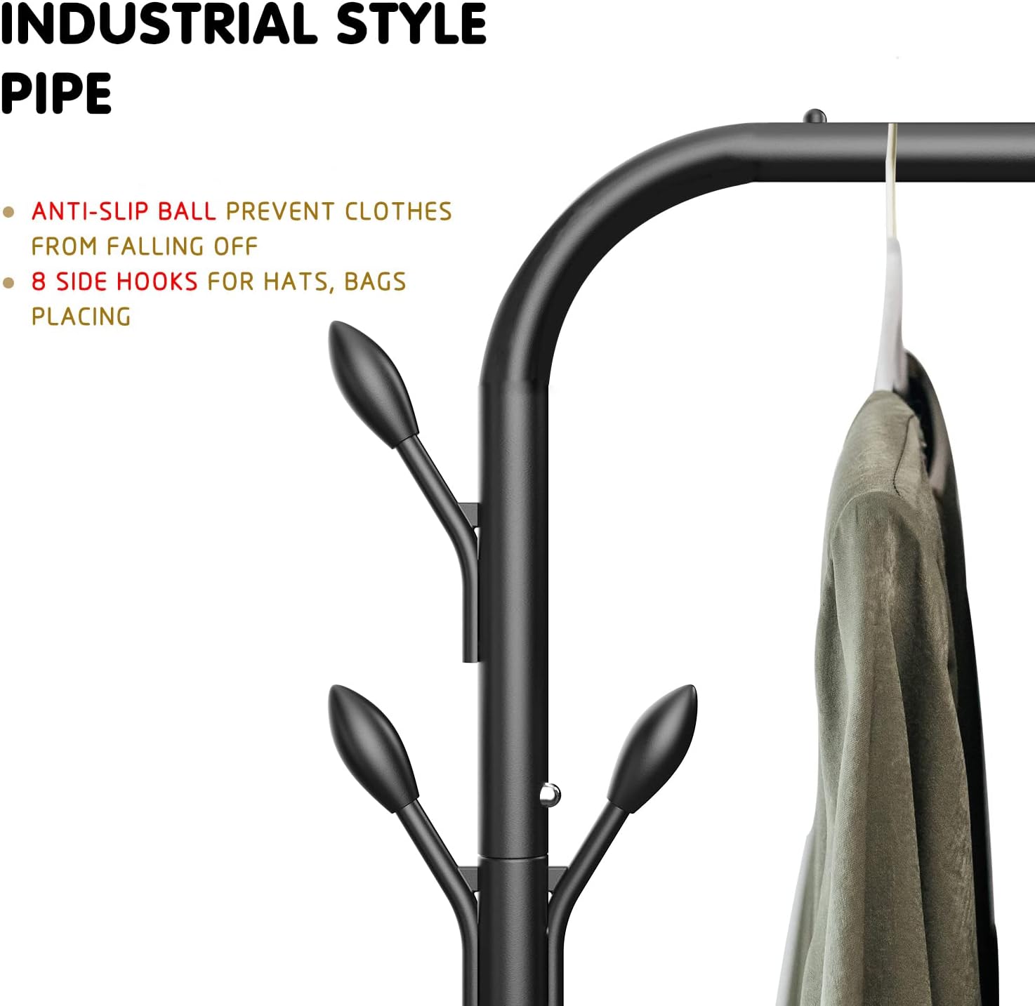 Clothes Rack Metal Garment Rack with Wheels Freestanding Hanger Display Clothing Racks for Bedroom Hanging Clothes with 8 Side Hooks, 1 Tier Lower Storage Shelf for Shoes Boxes 5ft Coat Drying Rack (Black)