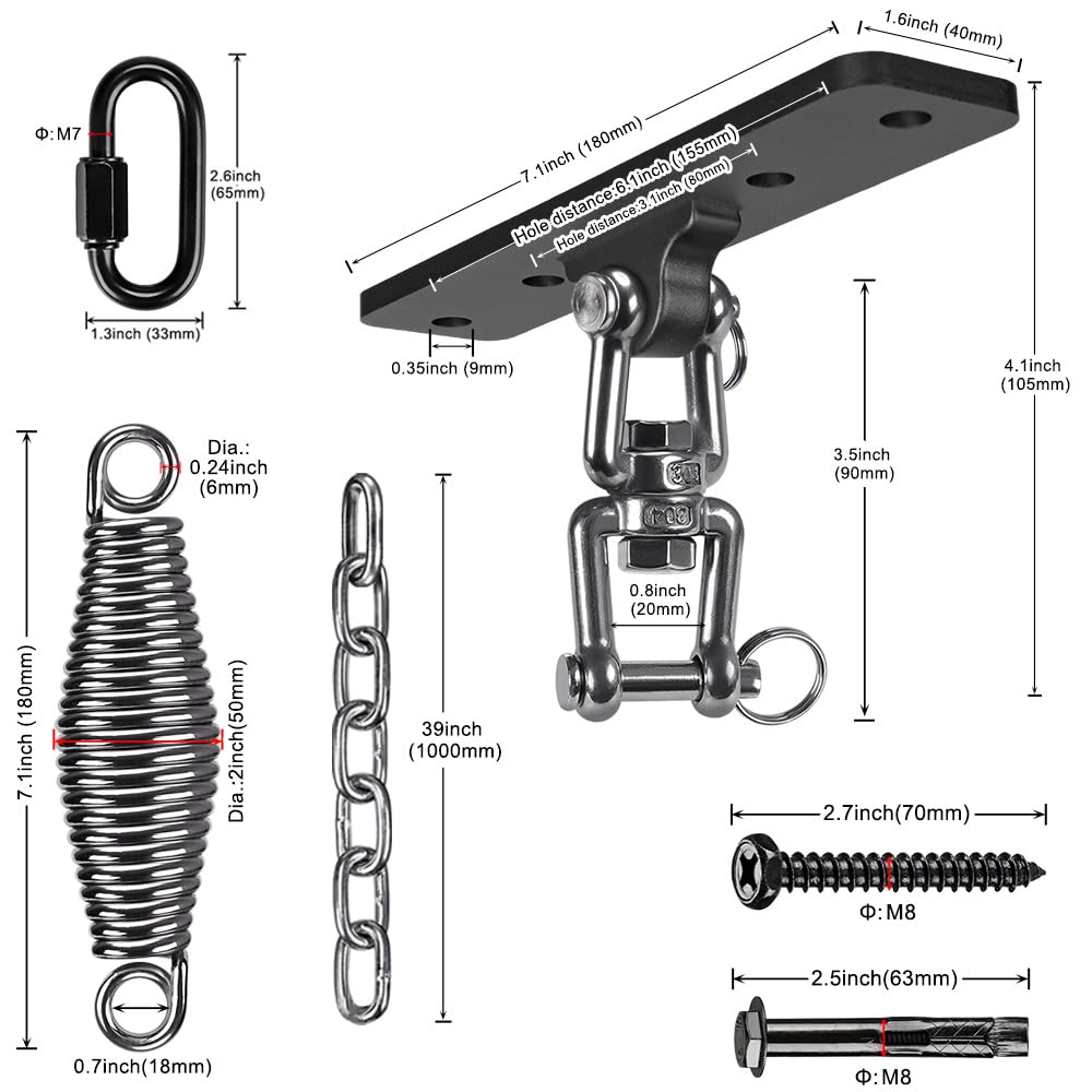 Dolibest Gancio per Sacco da Boxe, Gancio da soffitto per Boxe, Staffa oscillante a 4 Fori, Girevole a 360 Gradi, con moschettone e Molla da 6 mm e Catena da 100 cm per Appendere Sacchi Pesanti