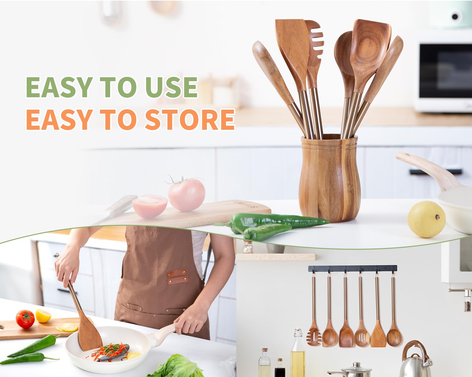 Utensilios de cocina de madera con mango de metal, juego de 6 utensilios de cocina, juego de espátulas de cucharas de madera, utensilios de cocina de 14 pulgadas de largo, espátulas de