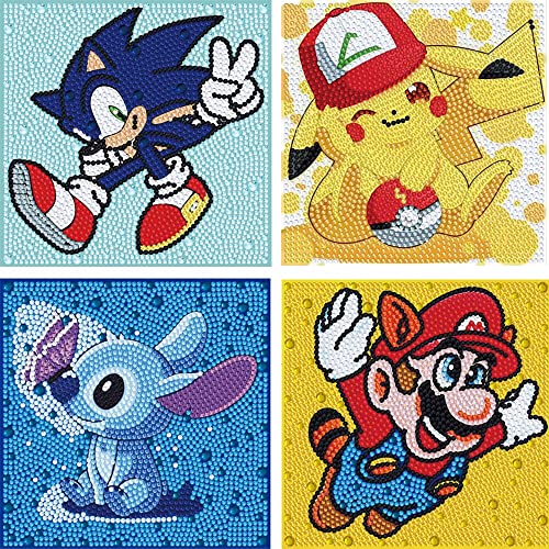 Hitomosu 5D Diamond Painting Stickers Kits, 4Pack Cartoon Anime Theme Diamond Stickers Paint By Numbers Kit,Diamond Art Dotz For Kids Boys Girls Ages 6-8-10-12(6"X6") #TOP9