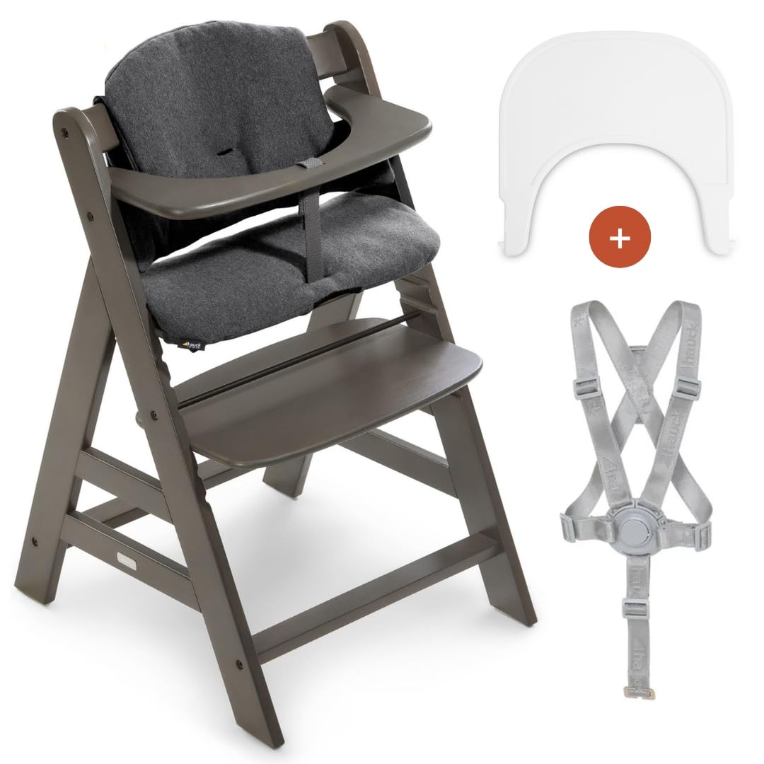 hauck Hochstuhl Alpha+ mit Tablett Click Tray und Sitzpolster - Mitwachsender Babystuhl aus Holz, Kinderhochstuhl ab 6 Monate, verstellbar - Charcoal