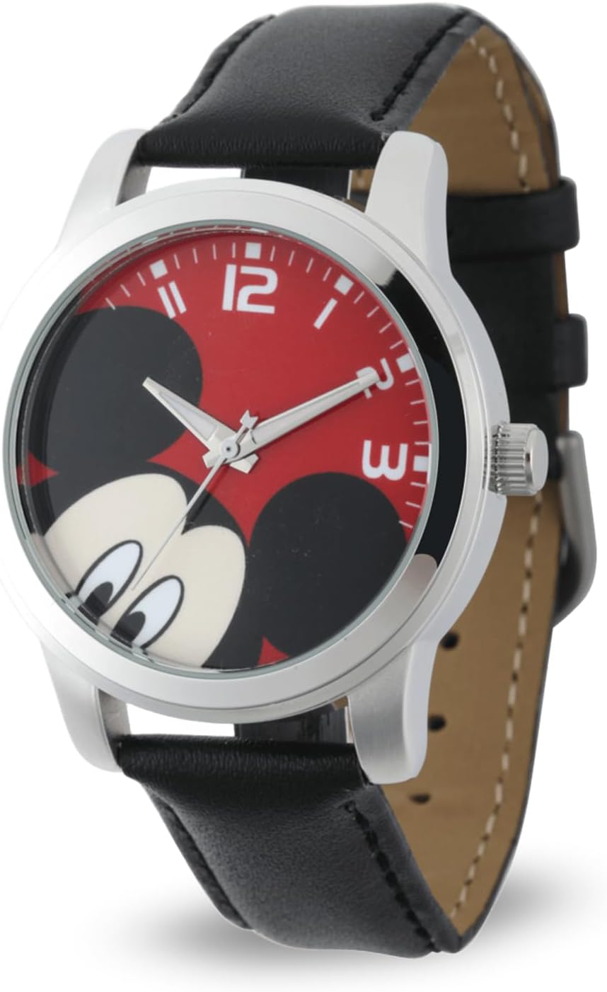 Disney Mickey Mouse Watch for Men – Stylish Men's Mickey Mouse Watch – Collectible Timepiece – Gift for Fans – Classic Watches with Silver Case & Black Leather Strap