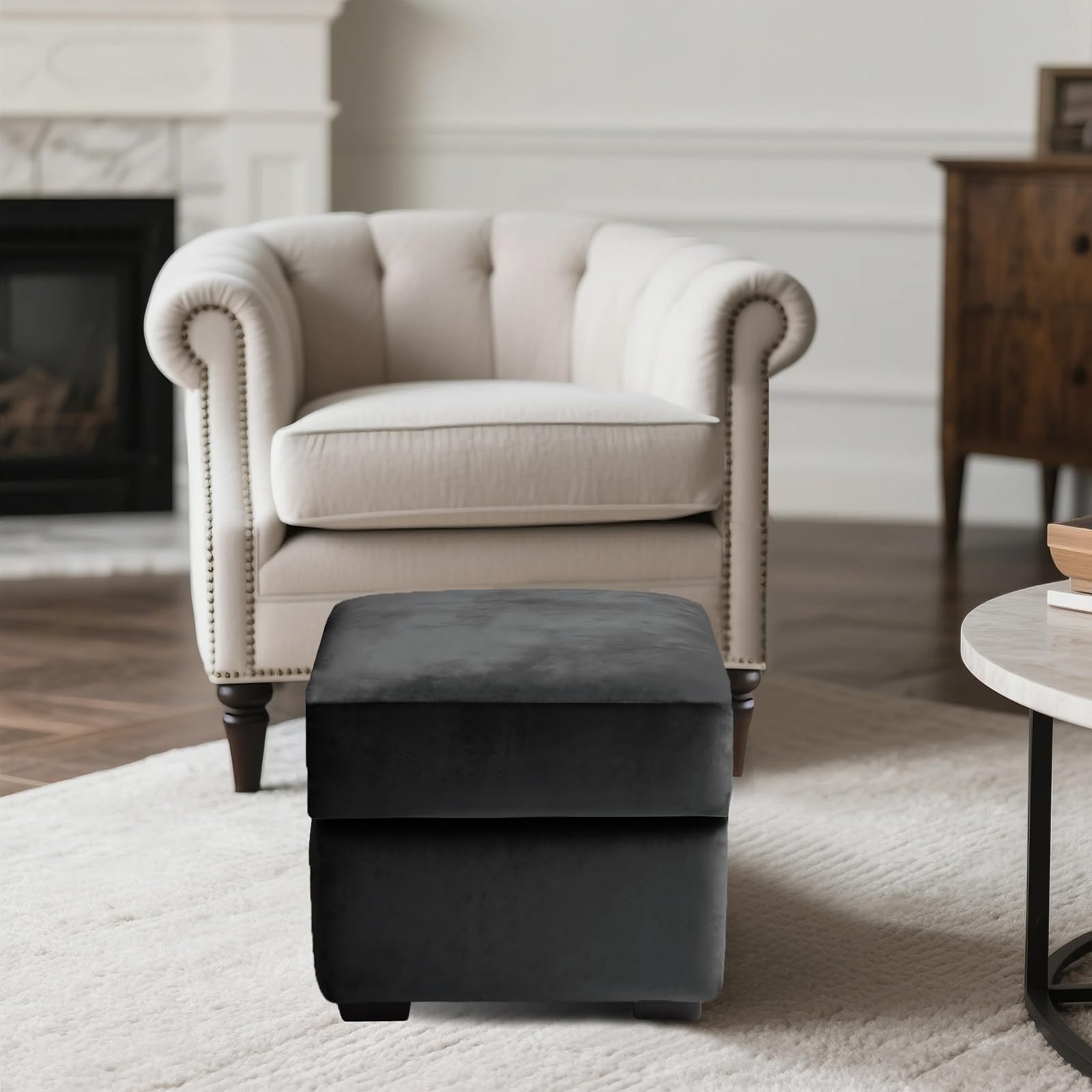 SYLC Ottoman Cover Stretch Velvet, Footstool Cover and Pouffe Cover Non-slip with Elastic Bottom/ties, Slipcover for Folding Storage Poofy Foot Stool (Dark grey,Square-S Ottoman+Seat)