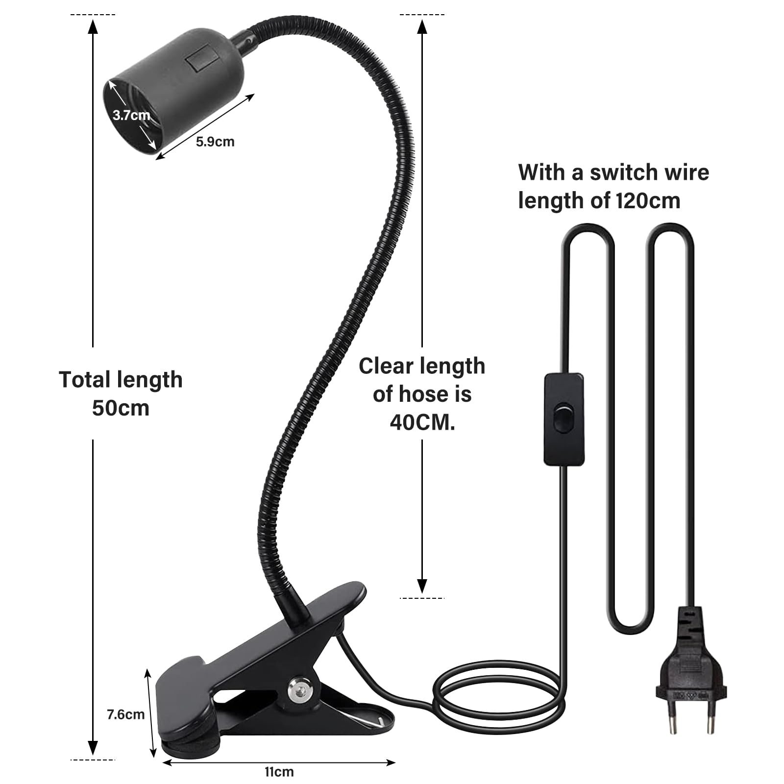 PORFOYO Lot de 3 douilles E27 avec clip - Lampe à pince E27 réglable à 360° - Avec prise et câble de 120 cm - Pour animaux, plantes en croissance - Lampe de table (sans ampoule)