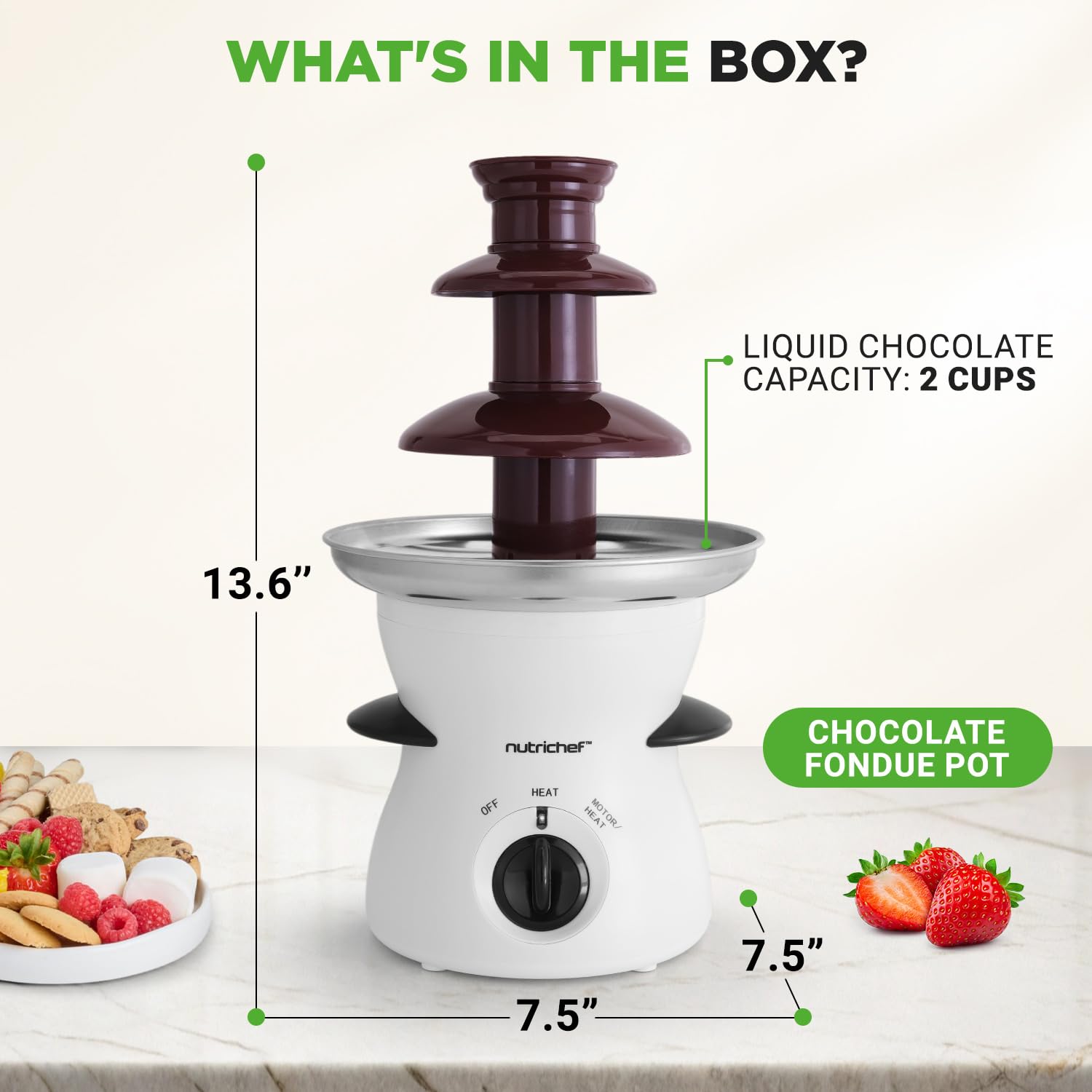 "NutriChef Fontana Fonduta Cioccolato Elettrica 3 Livelli, Sciogli Cioccolato, Dolci, Scalda, Piano Cucina Facile Pulizia, per Fragole, Marshmallow, Burro e Formaggio e Frutta, Bianco "