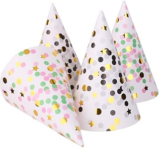 Boieo 12-Pack Gold Polka Dot Party Hats for Adults & Kids - Black/Gold & Pink/Green Cone Hats, Easy Assembly, Elastic Strings
