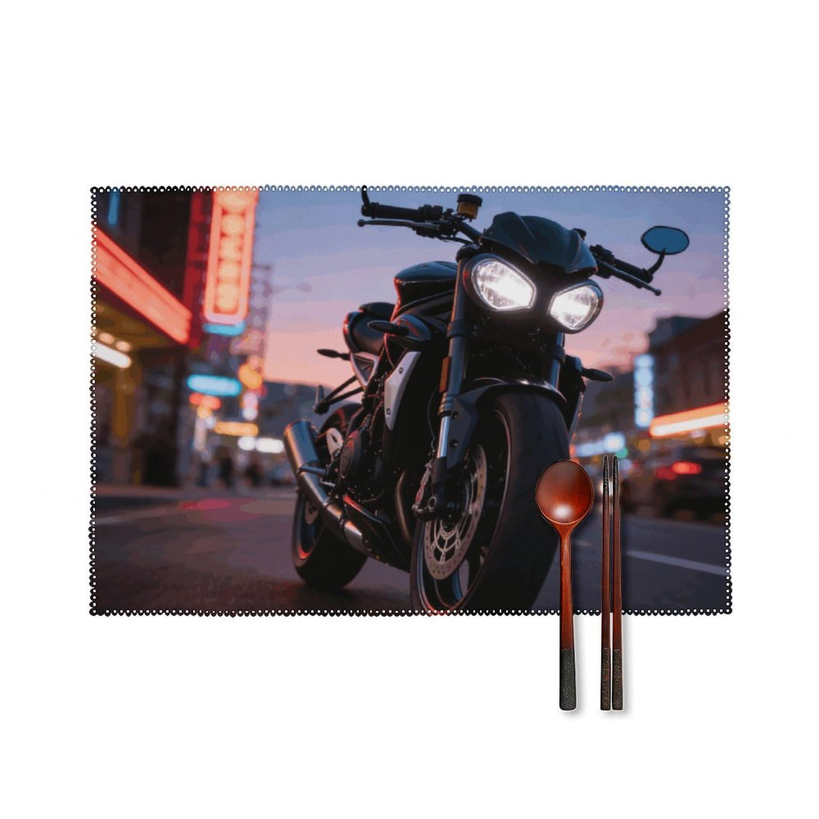 Motorcycle Placemats Set of 6, 12x18 Inch Heat Resistant Washable Canvas Table Mats, Stain Resistant Decorative Dining Placemats for Kitchen, Restaurant, Outdoor Party