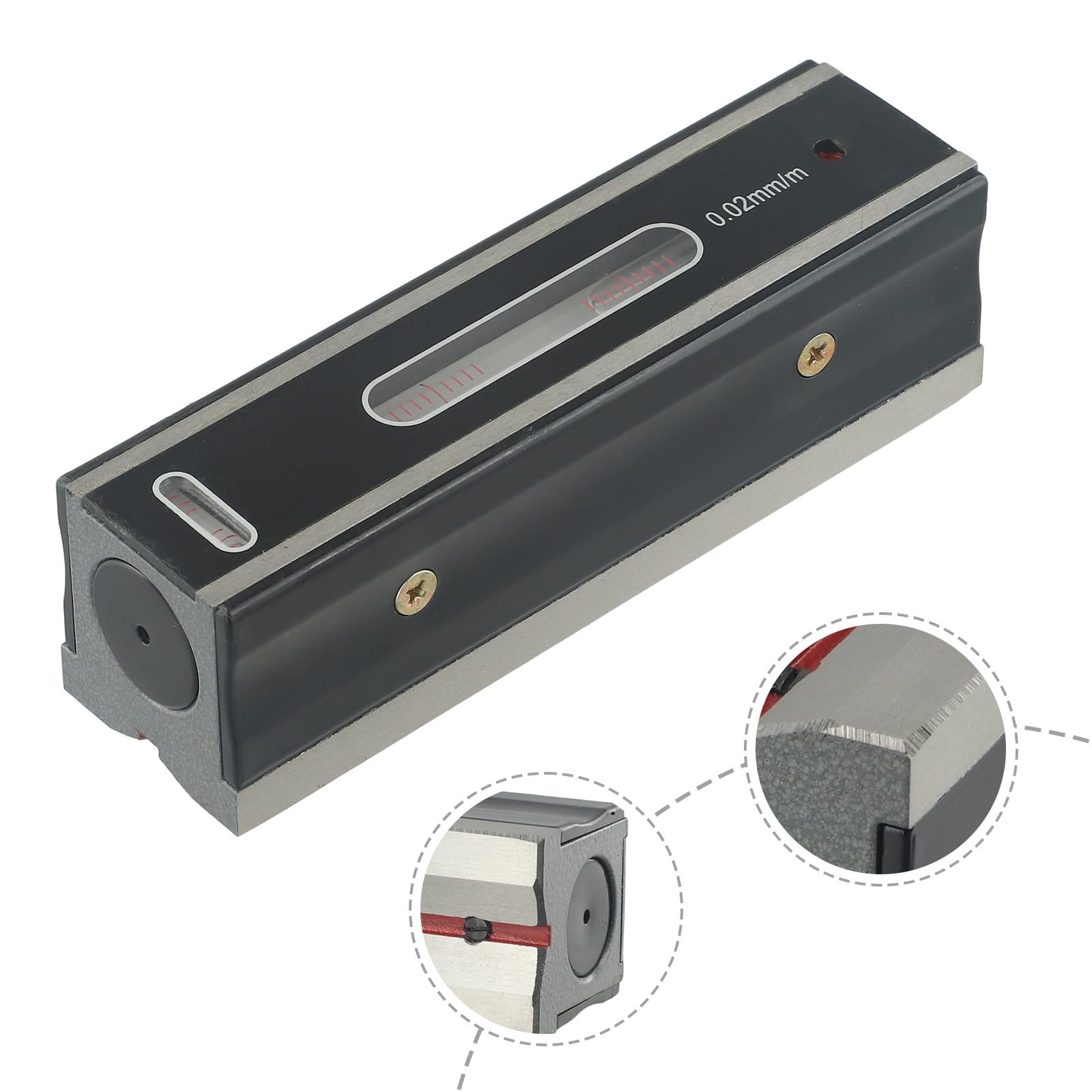 Nivel de marco de grado industrial de 0,02 mm de resolución, nivel de acero endurecido con base en V para configuración de máquina, se suministra con agarre aislante y caja de almacenamiento de