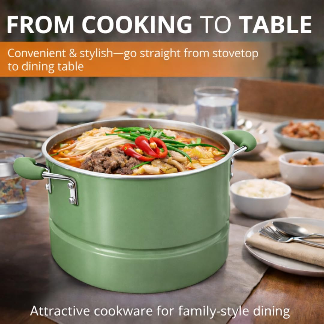 Alpine Cuisine 20- Quart Stock Pot with Lid, Aluminum Cooking Pot with Gray Ceramic Nonstick Coating, Steamer Insert for Soup, Pasta, Stews, and Dumplings, Watercress Green