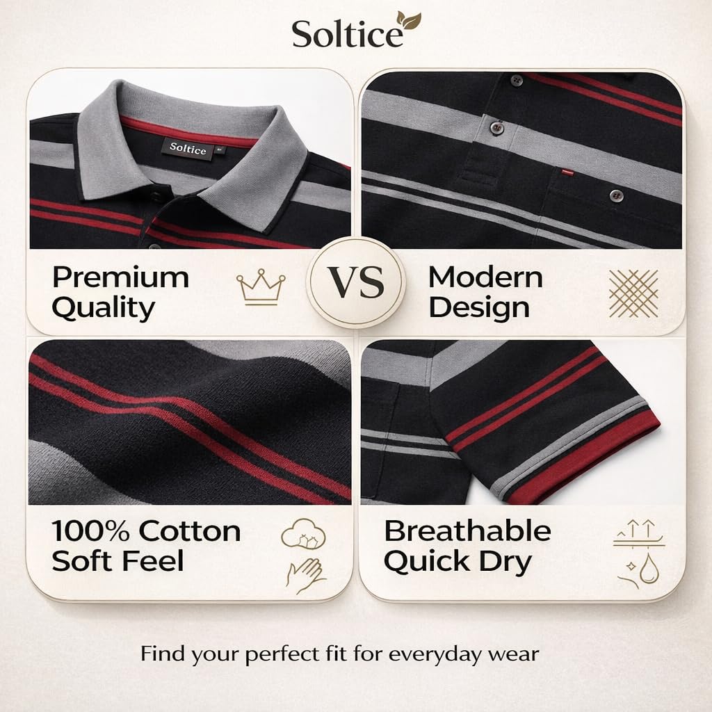 Soltice Poloshirts Herren Kurzarm, Gestreifte Polohemden mit Brusttasche, Blousonshirts aus Baumwoll-Mix (M bis 3XL)