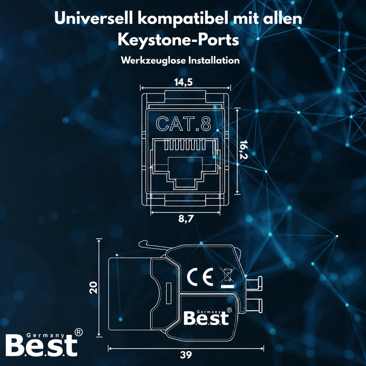 Lot de 12 modules réseau Keystone CAT 8 RJ45 - Prise Keystone haute vitesse - Montage sans outil - 40 Gbit/s - Blindé STP - Contacts plaqués or - Compatible avec AWG 22-26 et panneaux de brassage
