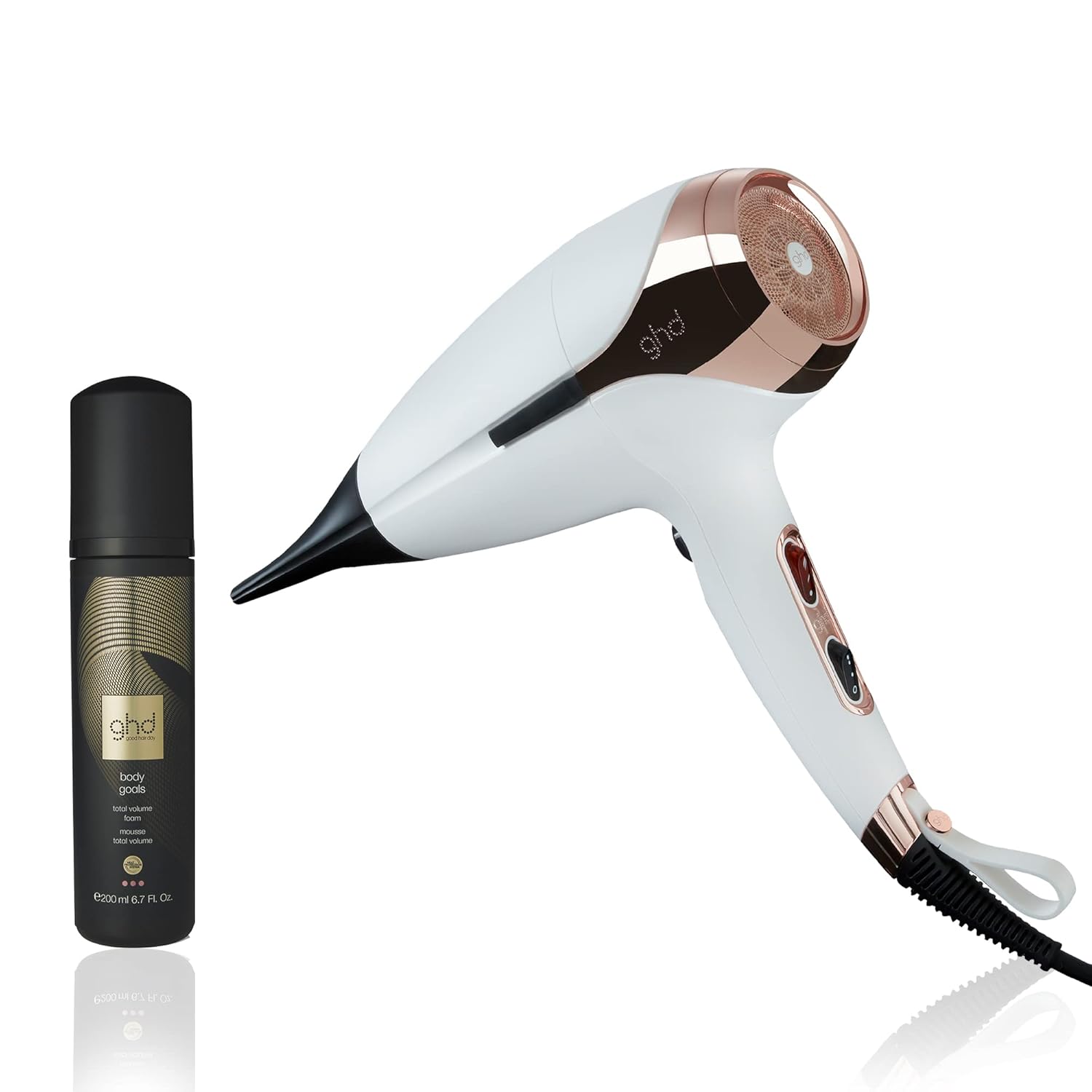 ghd Helios Essentials Duo ― 1875w Helios Hair Blow Dryer (White) and Body Goals – Total Volume Foam Heat Protectant for Hair (6.7 fl. oz.) ghd Helios Essentials Duo ― 1875w Helios Hair Blow Dryer (White) and Body Goals – Total Volume Foam Heat Protectant for Hair (6.7 fl. oz.)