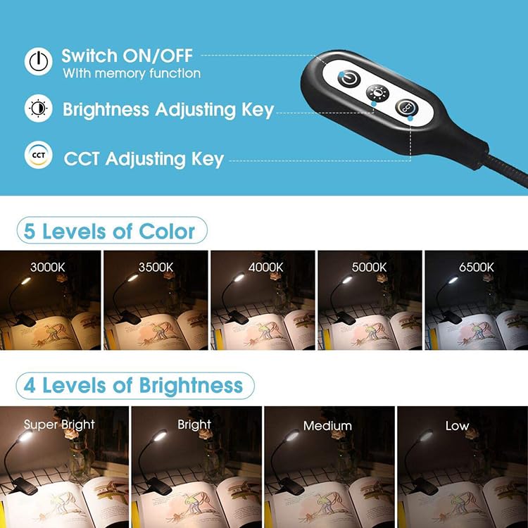 Miniatura 5 de Luz de lectura, 14 LED, 5 Colores de luz, Atenuacion de 4 niveles, Sin Luz Azul, Pinza, 360 Brazo Flexible, Recargable con USB, hasta 150 horas de uso, Facil de Transportar, Ligero. (Vertical)