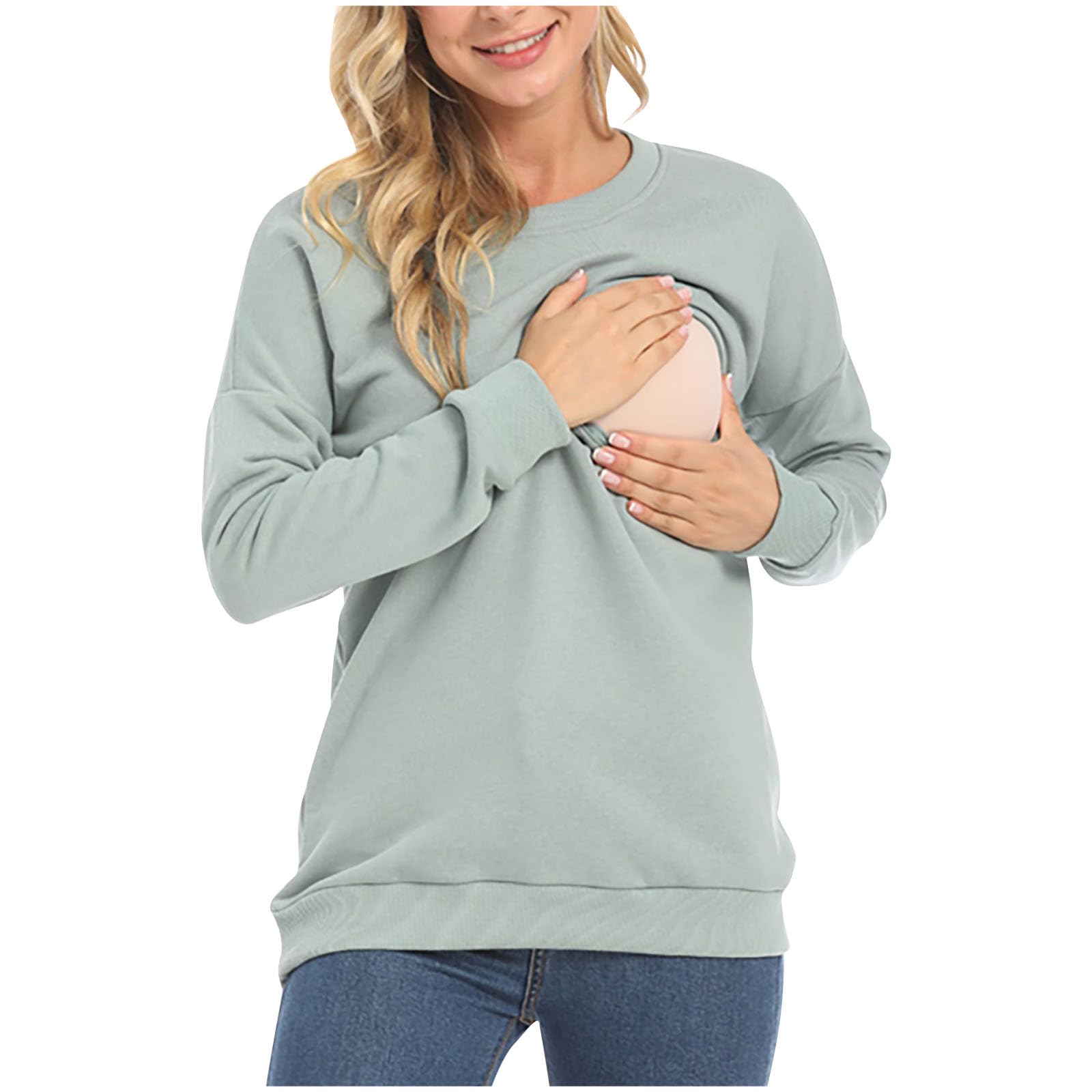 Ropa de Maternidad,Camisetas de Maternidad de Manga Larga Camiseta de Lactancia Sudaderas de Lactancia con Cuello Redondo Ropa de Embarazo Sólida Jersey para El Embarazo para Primavera y Otoño