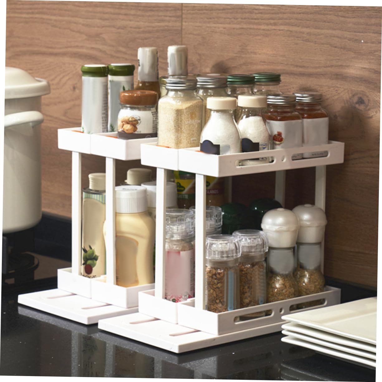 Sosoport Organizer Estraibile da Cucina Bianco a Doppio Strato in Abs e Acciaio al Carbonio, Salvaspazio Design a Estrazione, per Riporre Spezie e Accessori Sotto Lavandino