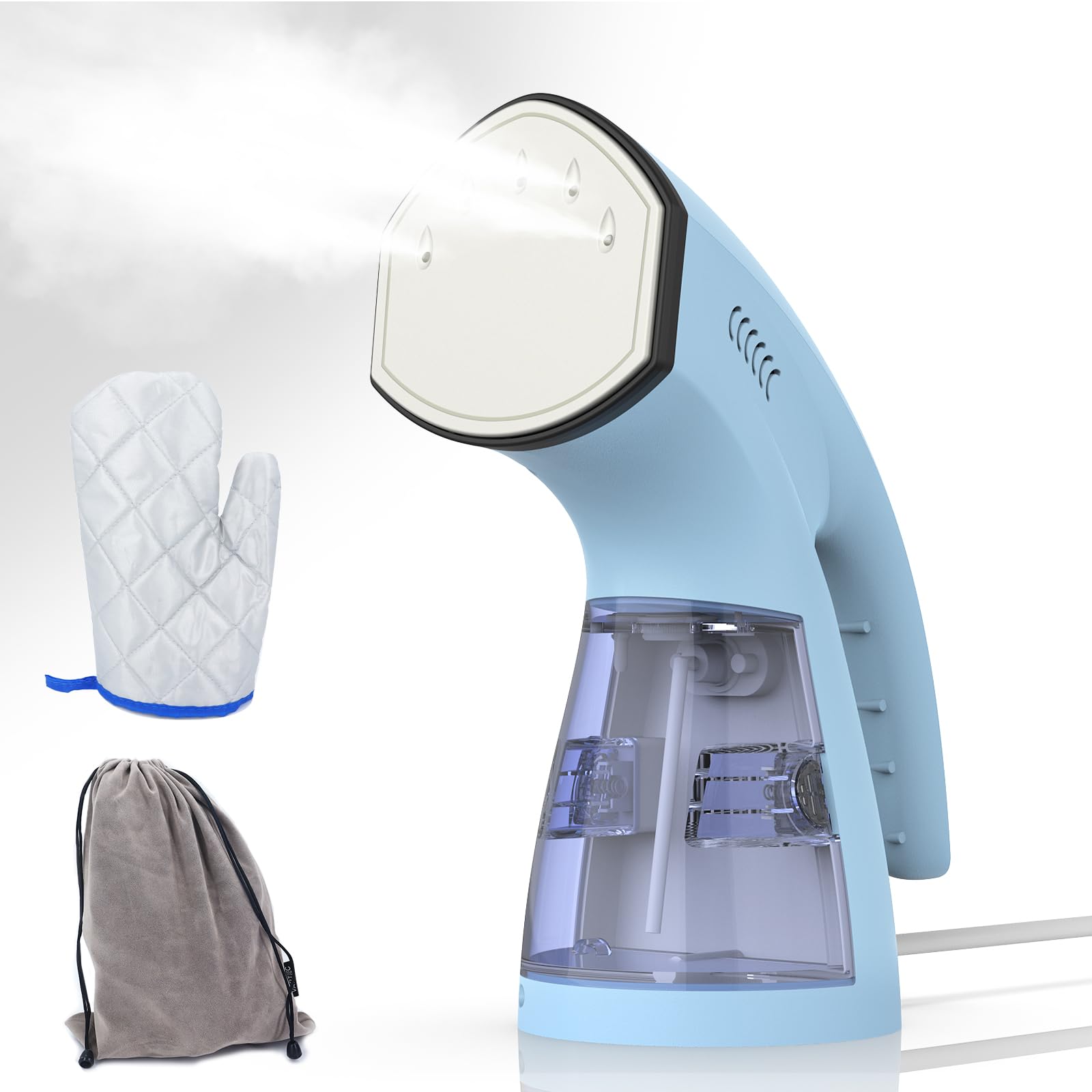 Clothes Steamer with Ironing Gloves, 2 in 1 Clothes Steamer and Iron for ALL Fabrics, Remove Wrinkles Fast, 18 Minutes Continuous Steaming, 1000W Handheld Steamer Iron for Clothes, No Spilling-Blue