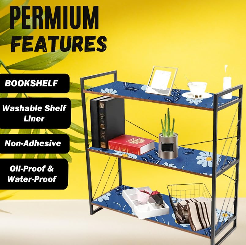 Image of Anti-Slip Kitchen Shelf Liner - 20 Meter Roll, Waterproof Multipurpose Mat for Fridge, Cabinet, Drawer, Trolley & Bathroom - Easy to Cut Floral Blue Print (Yellow)