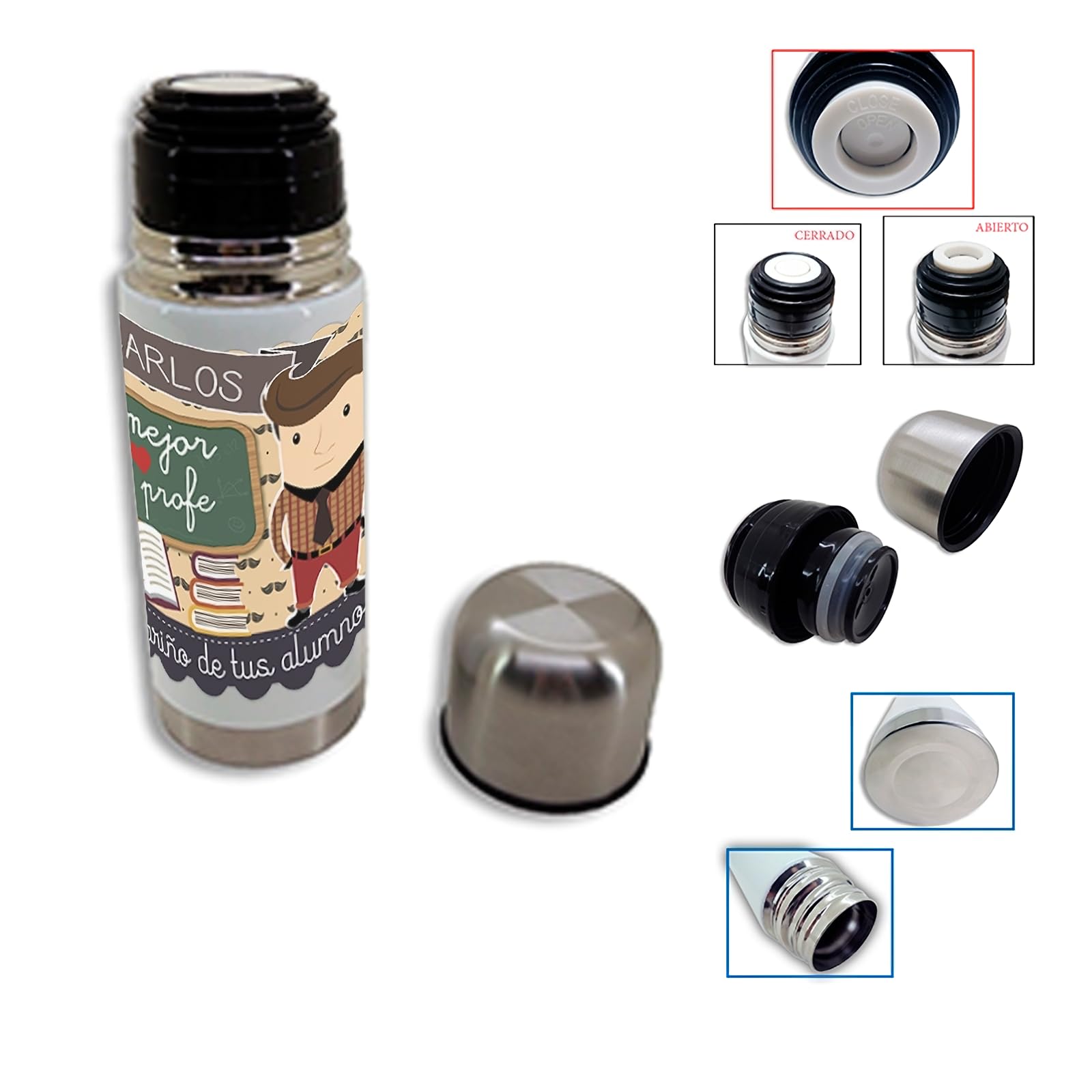 Pack Termo + Taza personalizada para PROFESOR. Modelo ORIGINAL. Regalos para profesores. Ideal para regalar en fin de curso. Regalos personalizados y originales para profes.