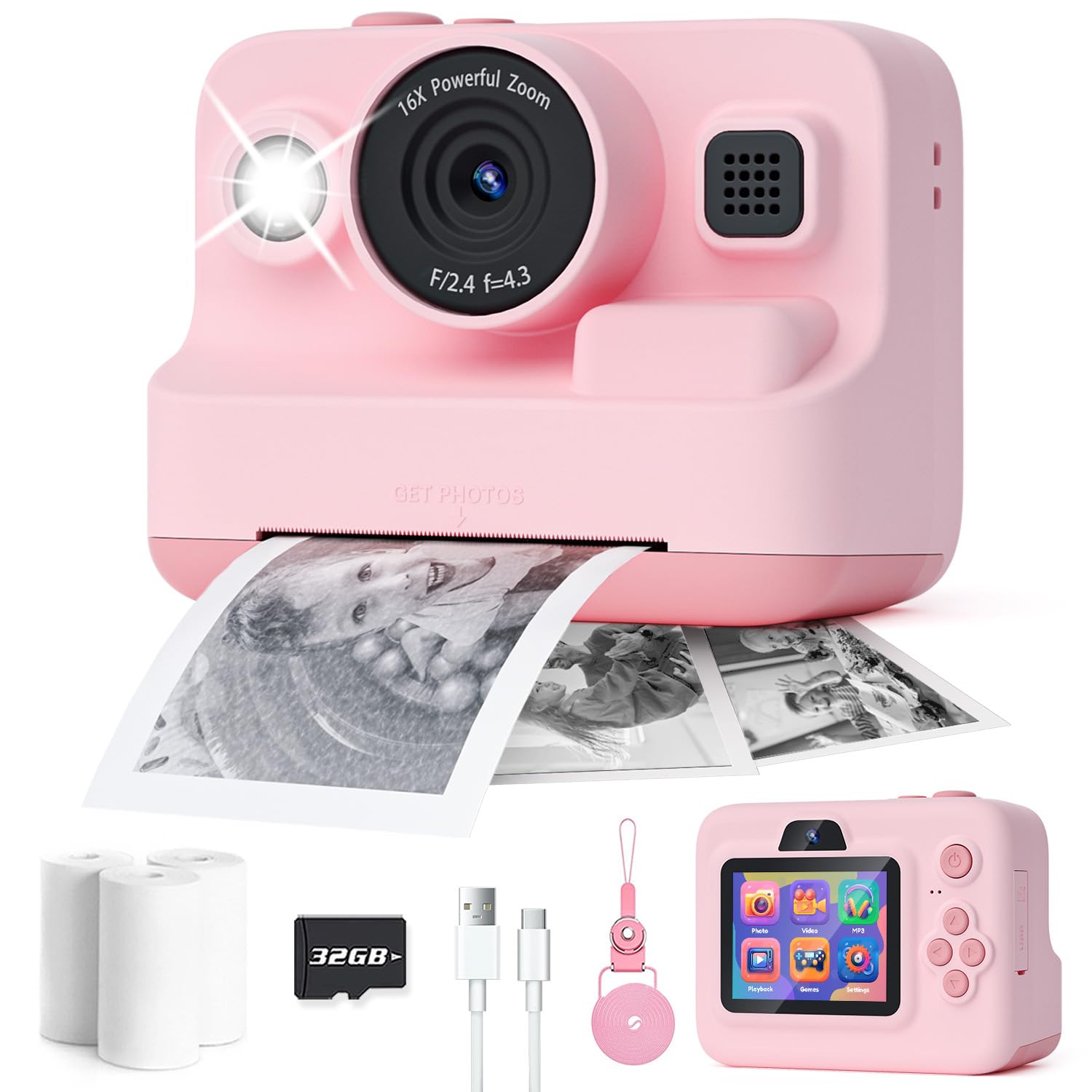 Kids Camera Instant Print,1080P Kids Instant Cameras That Print Photos,Christmas Birthday Gifts for Girls Age 3-12,Portable Toy for 3 4 5 6 7 8 9 10 Year Old Girls Boys Pink