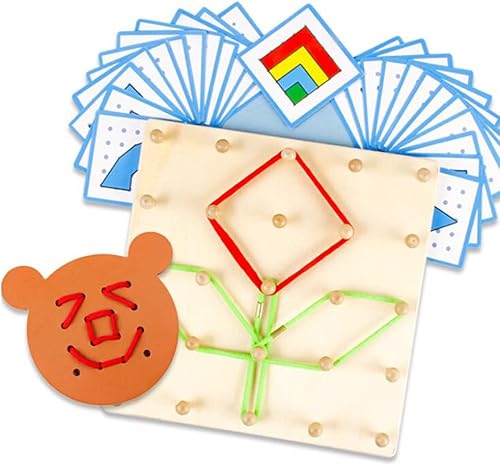 YHZAN Geoboard de madera, tablero de clavijas gráficas, juguete sensorial Montessori para niños pequeños, bandas de goma coloridas, tarjetas de