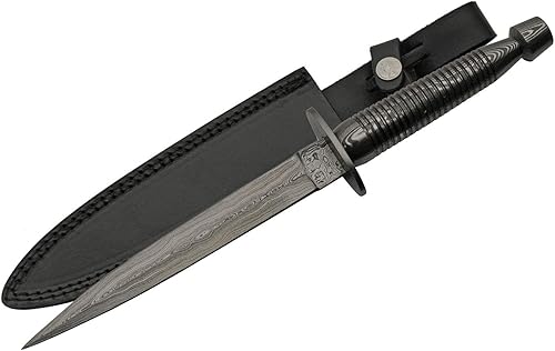 SZCO SUPPLIES Daga de comando de acero de Damasco de 12 pulgadas con funda de cuero, negro, 12.5 pulgadas (DM-1262DM)