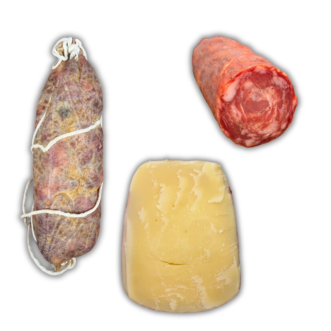 Machegusto! – Soppressata Classique 290g, Salami Napoli 420g et Caciobufala Classique 500g – Coffret Gourmand Italien – Charcuterie Artisanale et Fromage au Lait de Bufflonne – Planche à Découper Offe