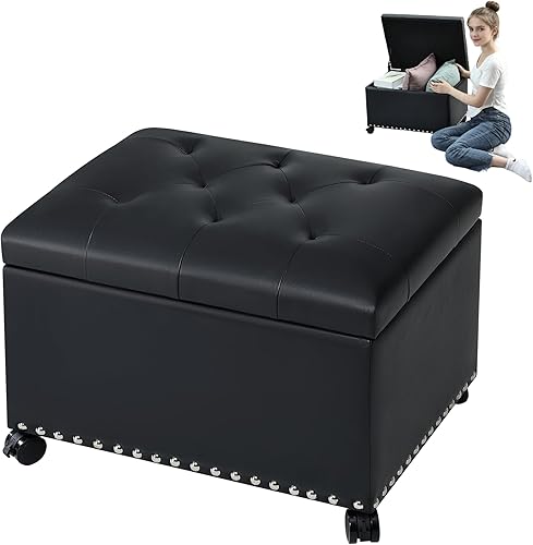 Miniatura 39 de Taburete otomano rectangular de cuero de 24 pulgadas con ribete de cabeza de clavo, cofres de juguetes y organizador de almacenamiento para Negro