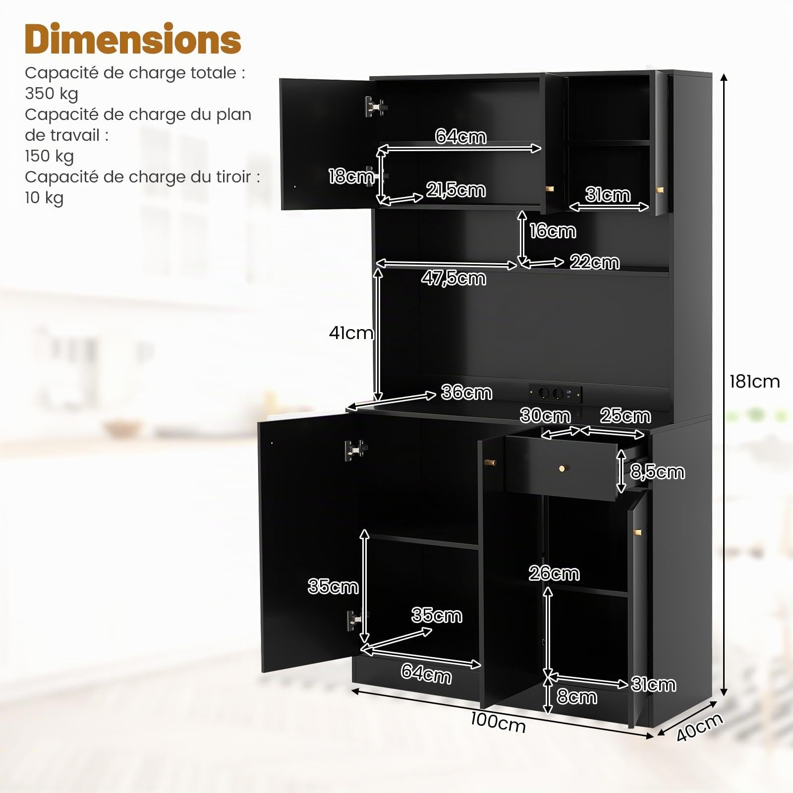 COSTWAY Buffet de Cuisine, Meuble de Cuisine avec Prises, 4 Placards, Grand Tiroir, Station de Recharge, Vaisselier, Armoire pour Salon, Salle à Manger, 100x40x181CM(Noir)