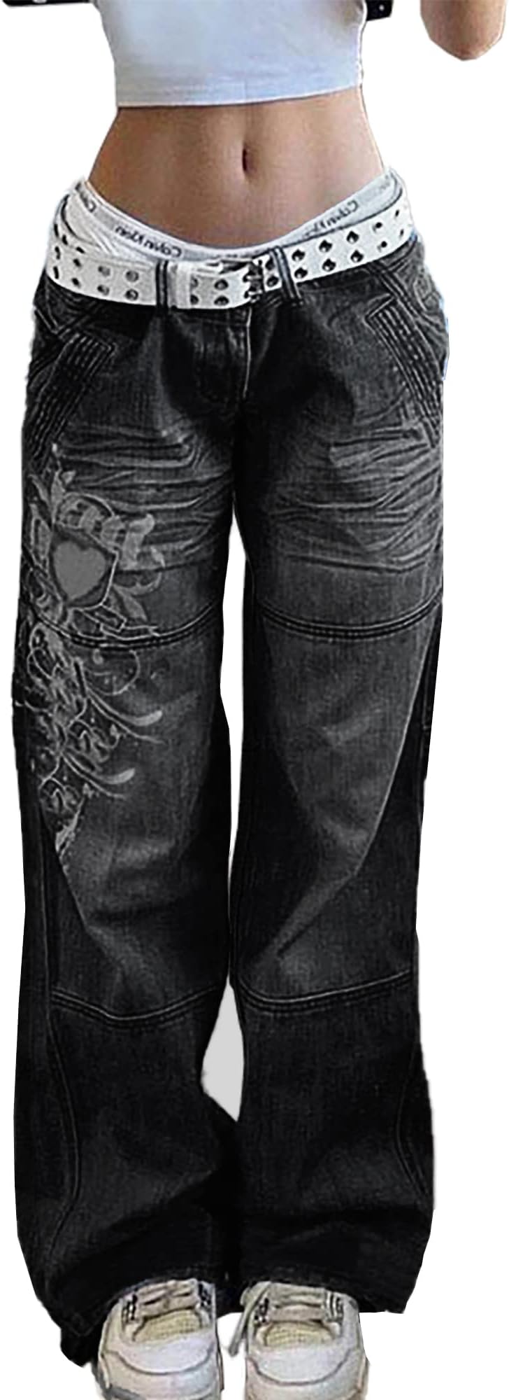 Women's Low Rise Heart Pattern Baggy Jeans Washed Wide Leg Denim Cargo Pants