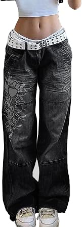 Xineicy Womens Low Rise Heart Pattern Baggy Jeans Washed Wide Leg Denim Cargo Pants