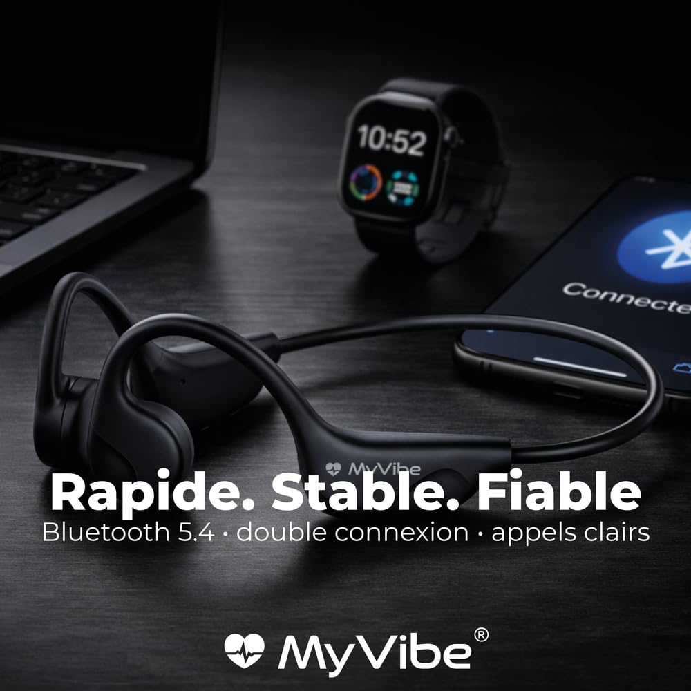 MYVIBE is Strong Casque à Conduction Osseuse Sport - Écouteurs Bluetooth Oreilles Libres, Ultra-Léger 27g, IPX5 Étanche Pluie & Sueur, Autonomie 8h, Arceau Ergonomique, Idéal Running & Fitness