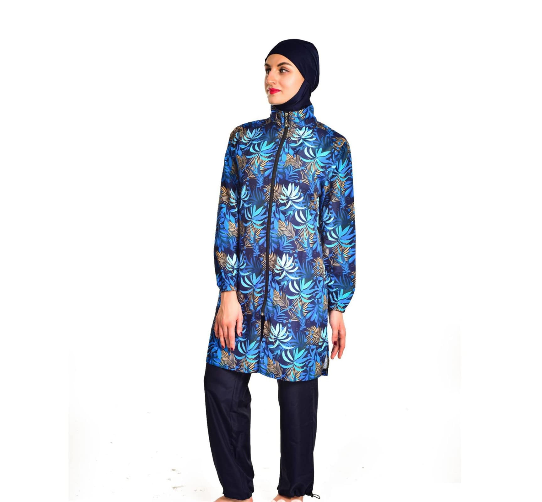 Modest Reißverschluss Badebekleidung für Damen Muslimischer 3-teiliger Surfanzug Langarm Badeanzug Burkini Sonnenschutz Badeanzug