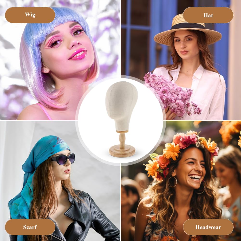 Tête de mannequin de 54 cm, support de perruque, tête de mannequin avec base en bois, support multifonctionnel, support de tête de mannequin en toile solide pour perruques, chapeaux, maison, salon