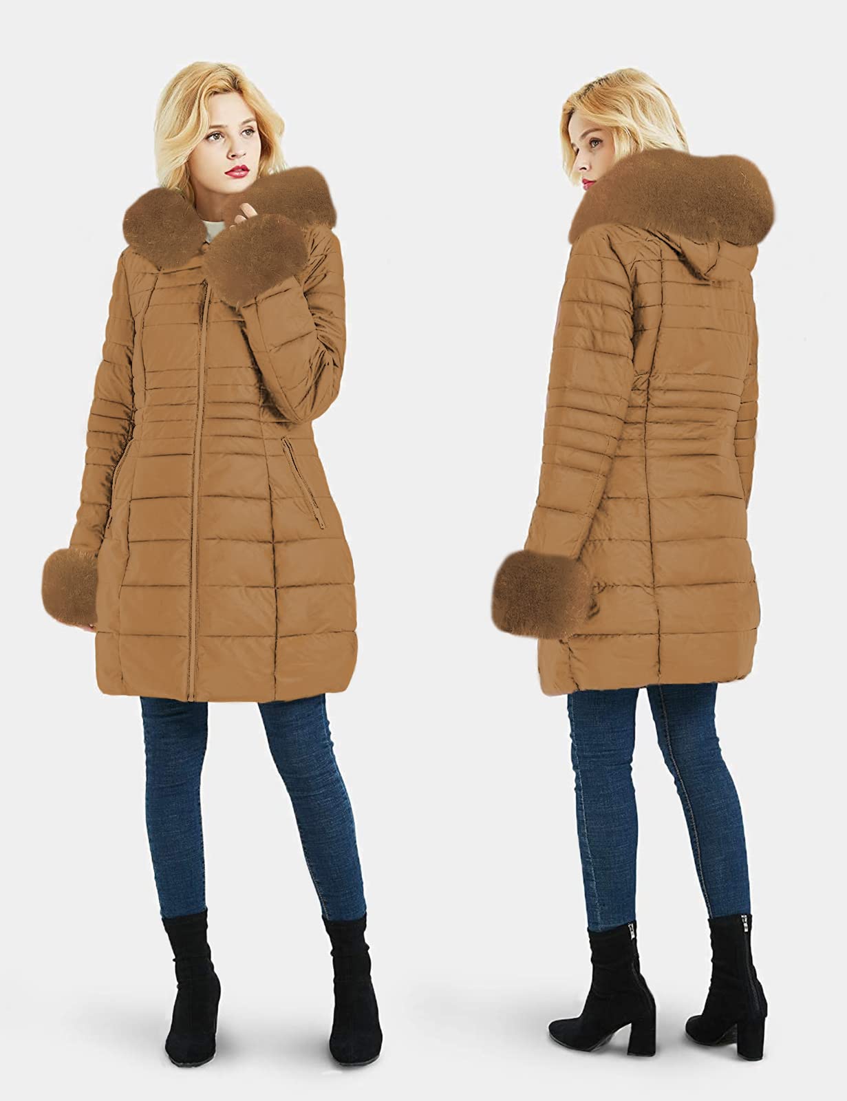 Geschallino Piumino Lungo da Donna Cappotto Parka con Inverno Imbottitura Bolle con Collo in Pelliccia Sintetica Rimovibile
