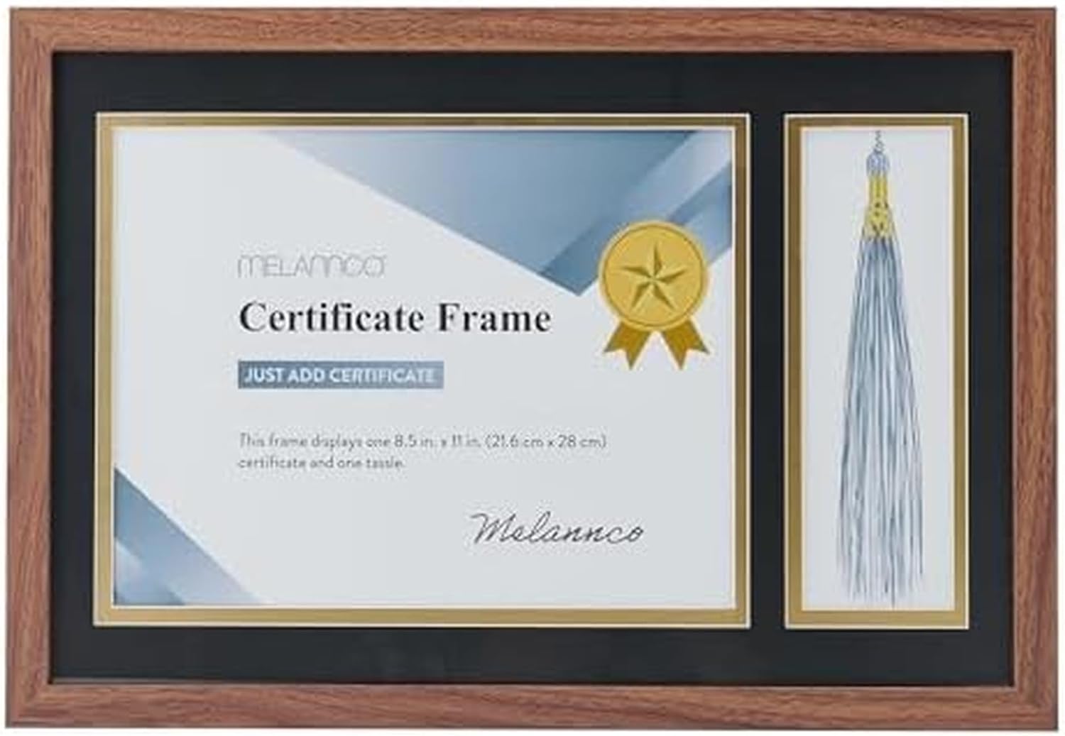 MELANNCO Diploma Frame with Tassel Holder - Walnut Certificate Frame Holds 8.5x11 Inch Document with Graduation Cap Display Slot, Wall Mount Sawtooth Hanger, 17.5x12 Inch