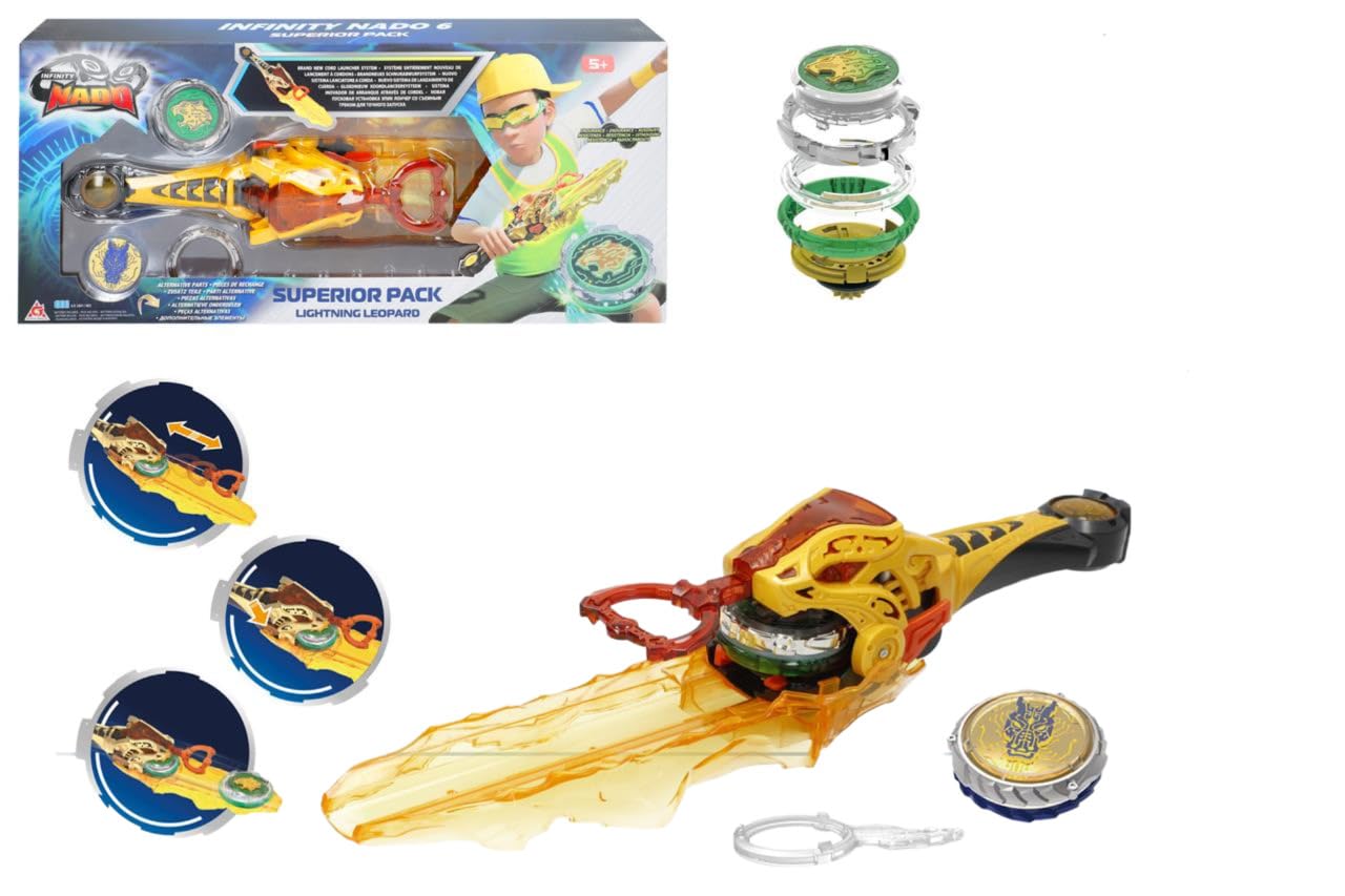 ColorBaby 48090 Infinity Nado Superior Pack Spinning Tops for Children, Lighting Leopard Flash, Sword Launcher, Colourful Lights, Gyro Games, Batteries Included, Battle Set, +5 Pieces