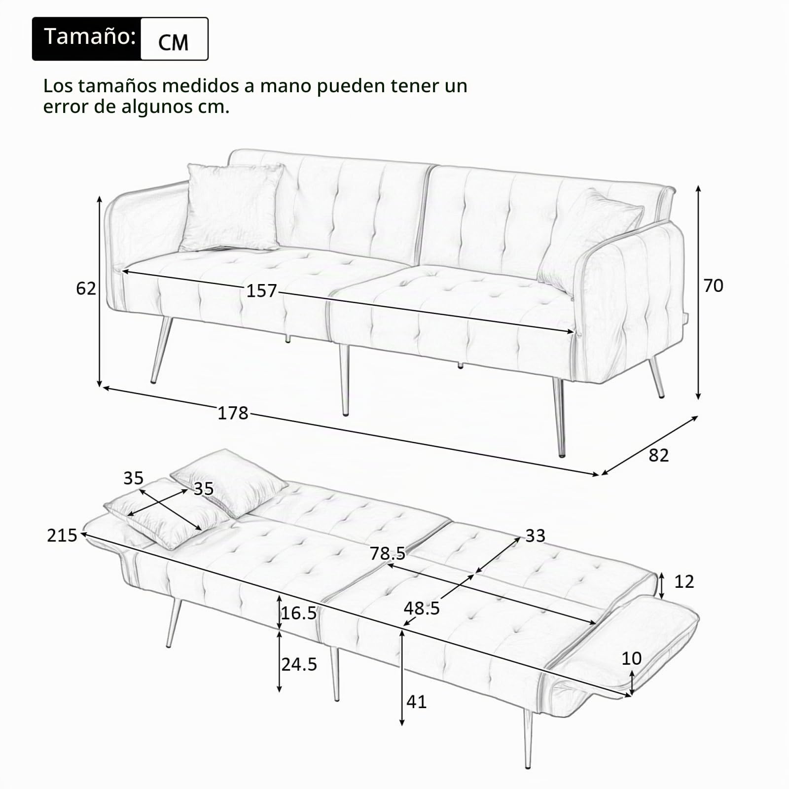 YEHTOKHOME - Sofá cama de 2 plazas convertible, carpetas independientes, reposabrazos ajustables, tejido aterciopelado, sofá cama con función de dormitorio, para sala de estar, oficina, dormitorio