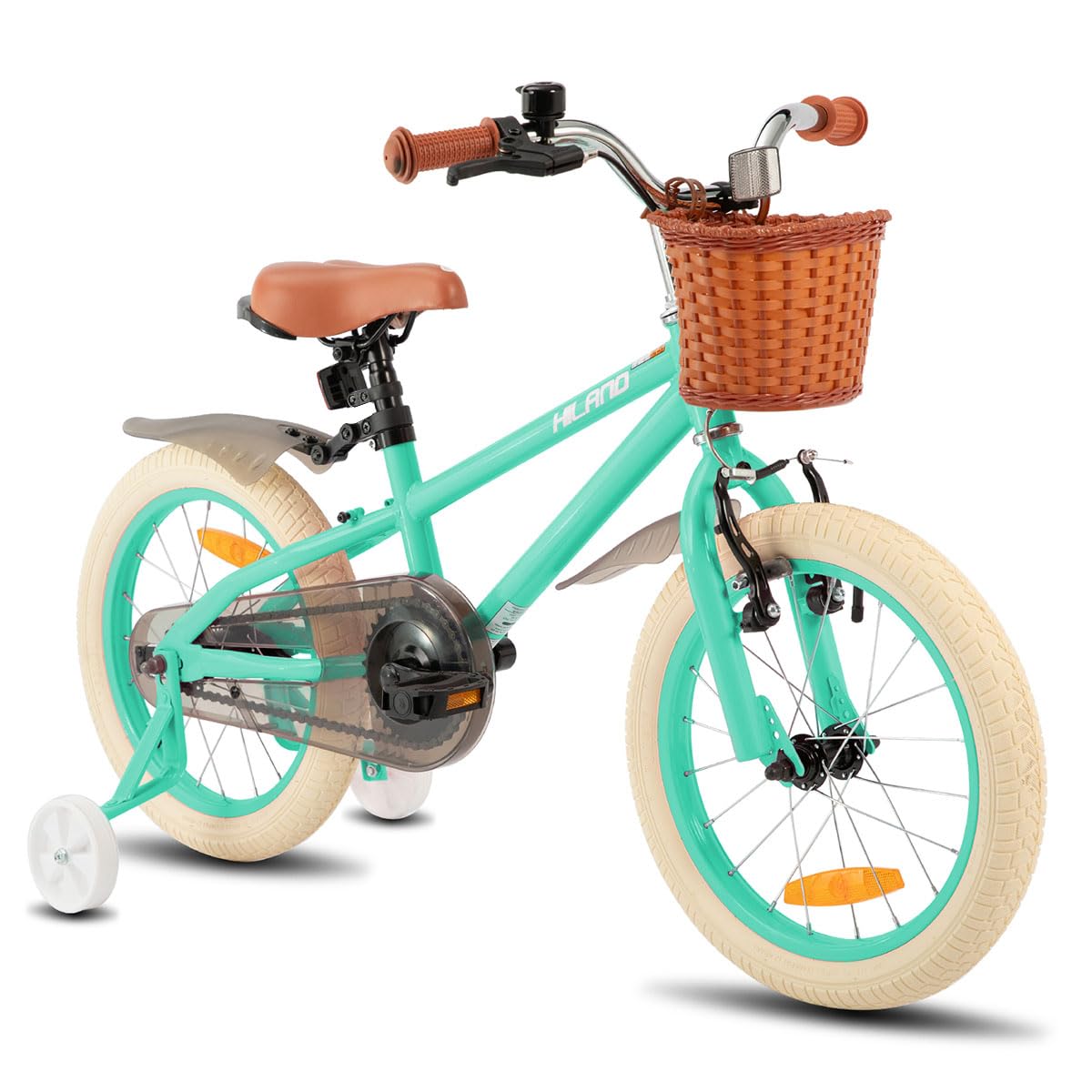 Hiland 14 Inch Kids Bike with Training Wheels, Green Girls' Bike, Handbrake and Coaster Brake, Kids Bike for Girls with Basket