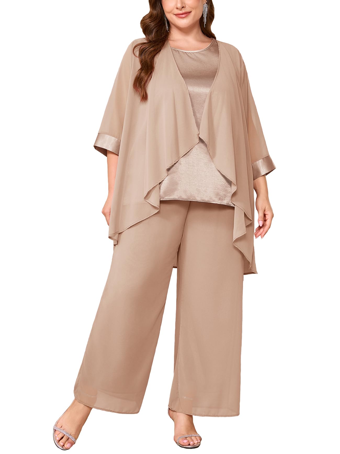 Sassique Plus Size 3 Piece Pantsuit Formal Set Wedding Guest Mother of The Bride Groom Chiffon Satin Elegant Outfit
